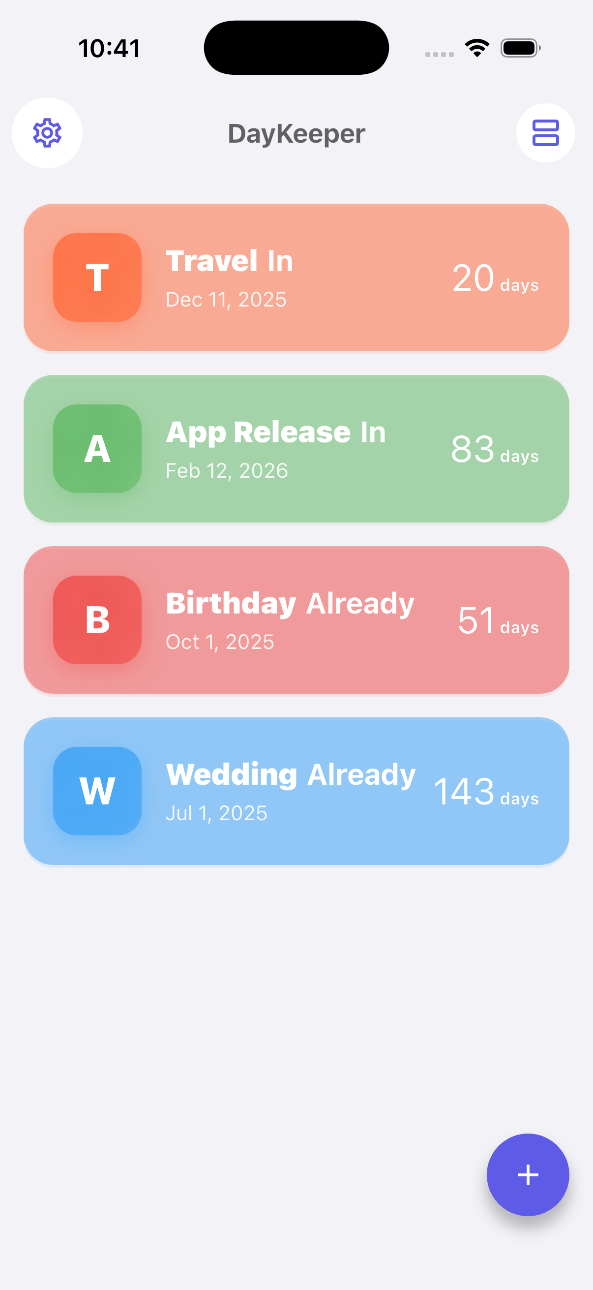 DayKeeper anniversary tracker app showing organized list view of important dates including birthdays, anniversaries and countdowns with colorful emoji icons